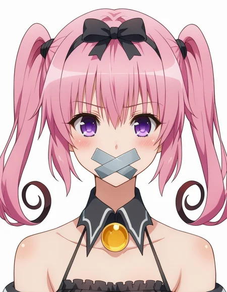 score_9, score_8_up, score_7_up, (source_anime:1.4), BREAK, colorful, 1girl, solo,  <lora:X-tapegag:0.8>, x-tape, tape gag, <lora:nanadevilXLPonyV1:0.9>, nanadevil, nana asta deviluke, long hair, twintails, purple eyes, tail, pink hair, hair ribbon, detached collar, jewelry, bare shoulders, multicolored clothes, detached sleeves, striped thighhighs, portrait, close up, blush