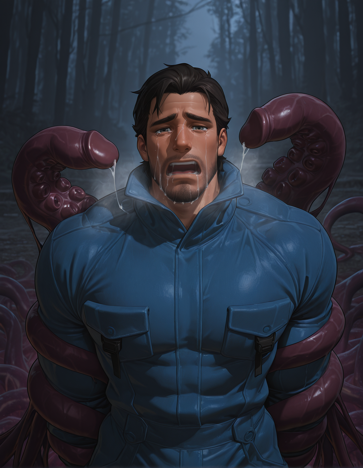 male focus,solo,facial hair,muscular,mature male,upper body,steaming body,looking at viewer,jumpsuit,outdoors,orgasm face,masterpiece,high quality,Cinematic Lighting,arms behind back,tentacles,tearing_clothes,<lora:0takas:1>,