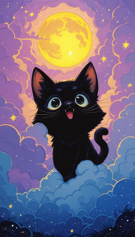 Shinkaistyle, masterpiece,
decarloxl, retro colors, 60s, retro, comic, fantasy,
jedopil, oil painting,
perfect eyes, vivid colors, vibrant colors, (lineless:1.5), smooth edges, This image features a whimsical illustration that combines elements of fantasy and domestic life. In the foreground, there is a cartoon cat with large eyes, which gives it an expressive and somewhat anthropomorphic appearance. The cat's fur pattern is not detailed enough to discern any specific breed or individual markings, but it seems to be a solid color without any distinctive spots or stripes. The cat is seated on a cloud that has a soft, fluffy texture, giving the impression of a comfortable and whimsical setting. The cat's posture is relaxed with its tail hanging down the side of the cloud, suggesting contentment. It is holding a small heart-shaped object in its paws, which adds to the charm and affectionate nature of the character. The background is filled with a dreamlike, pastel-colored sky that transitions from light blue at the top to soft pinks towards the bottom, blending into the edges of the cloud where the cat sits. The lighting in the scene is gentle and even, indicating either early morning or late afternoon, when the sun's rays are not harsh but still visible. The overall style of the image is reminiscent of classic comic book art, with bold outlines and a somewhat limited color palette that focuses on pastel hues. The drawing technique appears to be digital, with a high level of detail in the textures of the clouds and the fur of the cat. The perspective is three-quarter from the front right side of the image, giving depth to the scene and framing the cat as the focal point. The artwork evokes a sense of innocence and wonder, capturing the imagination with its playful depiction of a domestic cat in an fantastical environment., solo, looking at viewer, smile, open mouth, sitting, tail, full body, :d, outdoors, sky, cloud, star \(symbol\), black eyes, no humans, sparkle, :3, animal, traditional media, moon, happy, cat, cloudy sky, looking up, star \(sky\), starry sky, black cat, animal focus, whiskers, black fur, fluffy