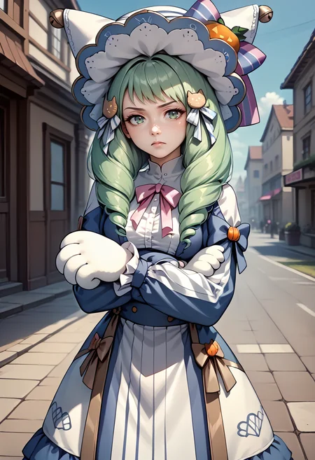 score_9, score_8_up, score_7_up, source_anime, 1girl, looking at you, unamused, crossed arms, BREAK <lora:FlaynFE-pdxl:1.0> 1girl, hlwnFlayn, long hair, drill hair, long sleeves, hair ornament, halloween costume, hat, medium breasts, frills, striped pantyhose, bow, bell, paw gloves, outdoors
