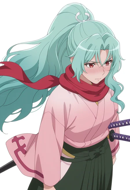Smooth Quality,masterpiece, ultra realistic,
simple background, white background,
from above,nose blush,wind,
<lora:Tomoecnn:0.8> sofia/cnn, 1girl, long hair, scarf, ponytail, red eyes, japanese clothes, katana, green hair, very long hair,