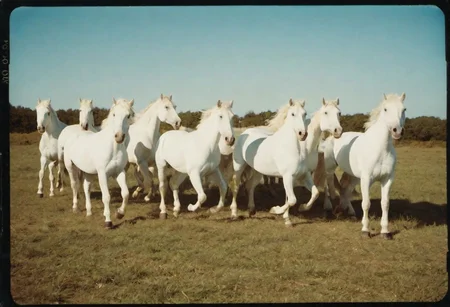 7 running white horses in natural light projection in the style of polaroid film, holga 120n, juxtaposition of light and shadow, sunshine background