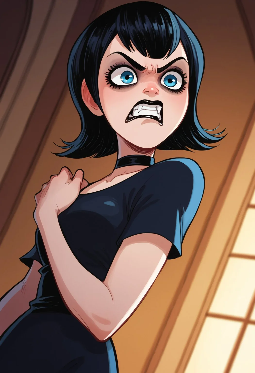 score_9, score_8_up, score_7_up, score_6_up, abarbucci-dh, dutch angle BREAK, 1girl, solo, angry, 1girl, vampire, black hair, blue eyes, goth makeup, gothic castle, bats <lora:Artist_Style_-_Alessandro_Barbucci_Ekho_Sky_Doll_PDXL:1> <lora:add-detail-xl:0.5> <lora:MavisDracula:0.5>