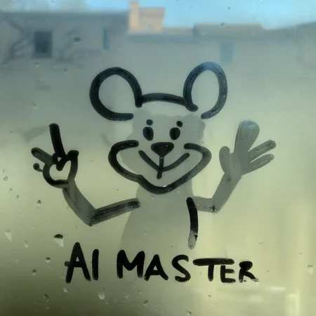 finart A drawing of a rat and the word "AI MASTER" on a window drawing<lora:finart:1>