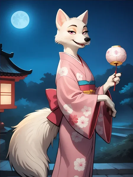 score_9, score_8_up, score_7_up, on model, marianc, semi-realistic, closeup, 1girl, solo, female, white fur, pink eyes, black nose, flat chest, looking at viewer, kimono, pink kimono, reaching out, POV, confident, smile, eyes half closed, standing, mature, mature female, motherly, calm, bedroom eyes, faint smile, from side,
BREAK, big tail, night, dark, night sky, detailed background, Japan,
<lora:Marian6:0.8>