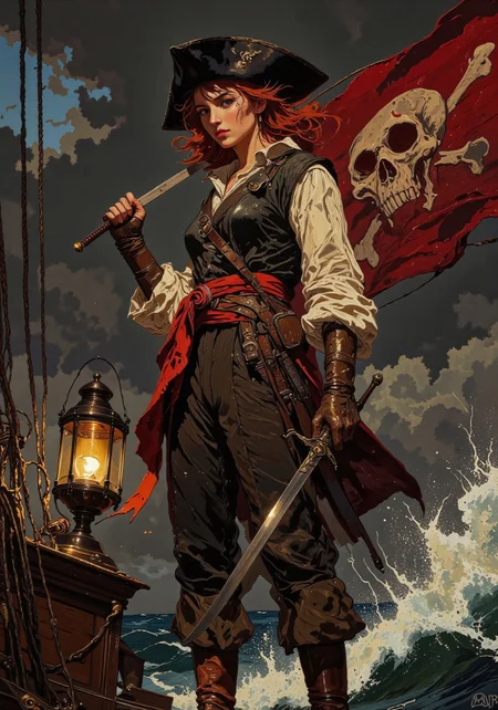 Masterpiece, best quality, A striking, dramatic portrait of Anne Bonny, the legendary female pirate, rim lit, standing boldly on the deck of a pirate ship. She grips a cutlass, a short, broad sabre with a slightly curved blade in one hand, its blade catching the dim light. Her fiery red hair is windswept, wild against the backdrop of a stormy sea, with dark waves crashing beneath a sky of swirling gray clouds. She wears a loose white linen shirt, slightly open at the collar, layered with a fitted dark leather waistcoat. A deep crimson sash is tied at her hip, contrasting with rugged trousers tucked into worn leather boots. A wide-brimmed hat sits atop her head, tilted just enough to cast a shadow over her piercing green eyes, which hold a fierce and determined gaze. Behind her, a tattered Jolly Roger flag flutters in the wind, symbolizing her defiance and fearless spirit. The lighting is moody and dramatic, with warm lantern light flickering against her weathered clothing, highlighting the textures of leather and fabric. The scene exudes adventure, rebellion, and the untamed freedom of the high seas, capturing Anne Bonny’s legendary presence. Ultra-detailed, cinematic lighting, dark fantasy, moody atmosphere, high contrast, hyper-realistic textures. DB4RZ, DB4RZ style painting, Anime art