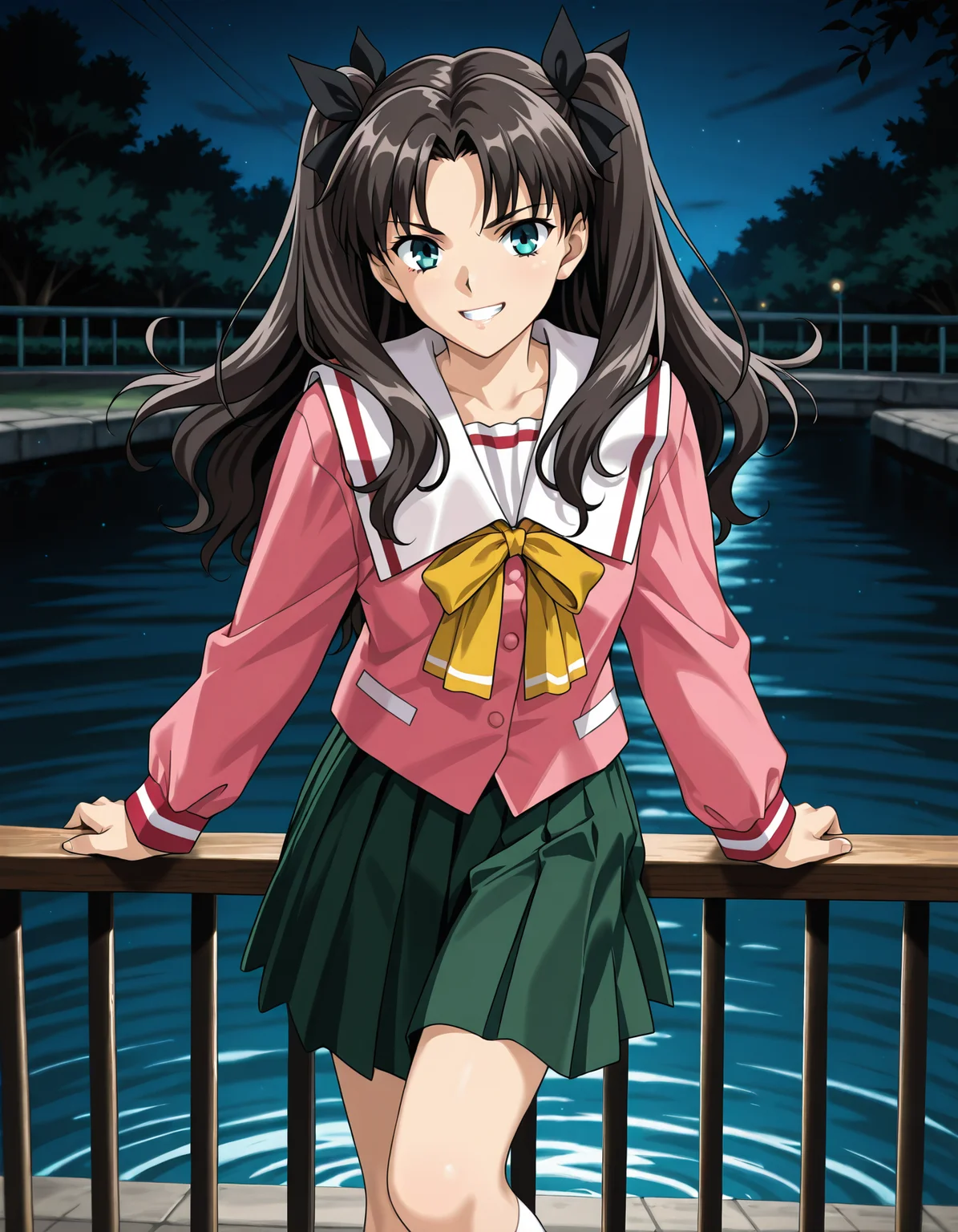 <lora:saku-v9-il_r1:0.75> tohsaka rin, serafuku, pink shirt, yellow ribbon, pleated skirt, green skirt,
1girl, against railing, white socks, grin, looking at viewer, water, night