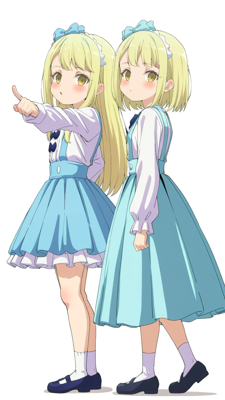 2girls,multiple_girls,white_background,simple background,looking_at_viewer,anime screenshot,sincos,<lora:Viena&Fiena_Illustrious_v1:1>,Viena,Fiena,blue bow,hairband,hair bow,dress,blue dress,shirt,white shirt,long sleeves,socks,white socks,shoes,skirt,suspenders,suspender skirt,back-to-back,standing,pointing_at_viewer,, masterpiece, best quality