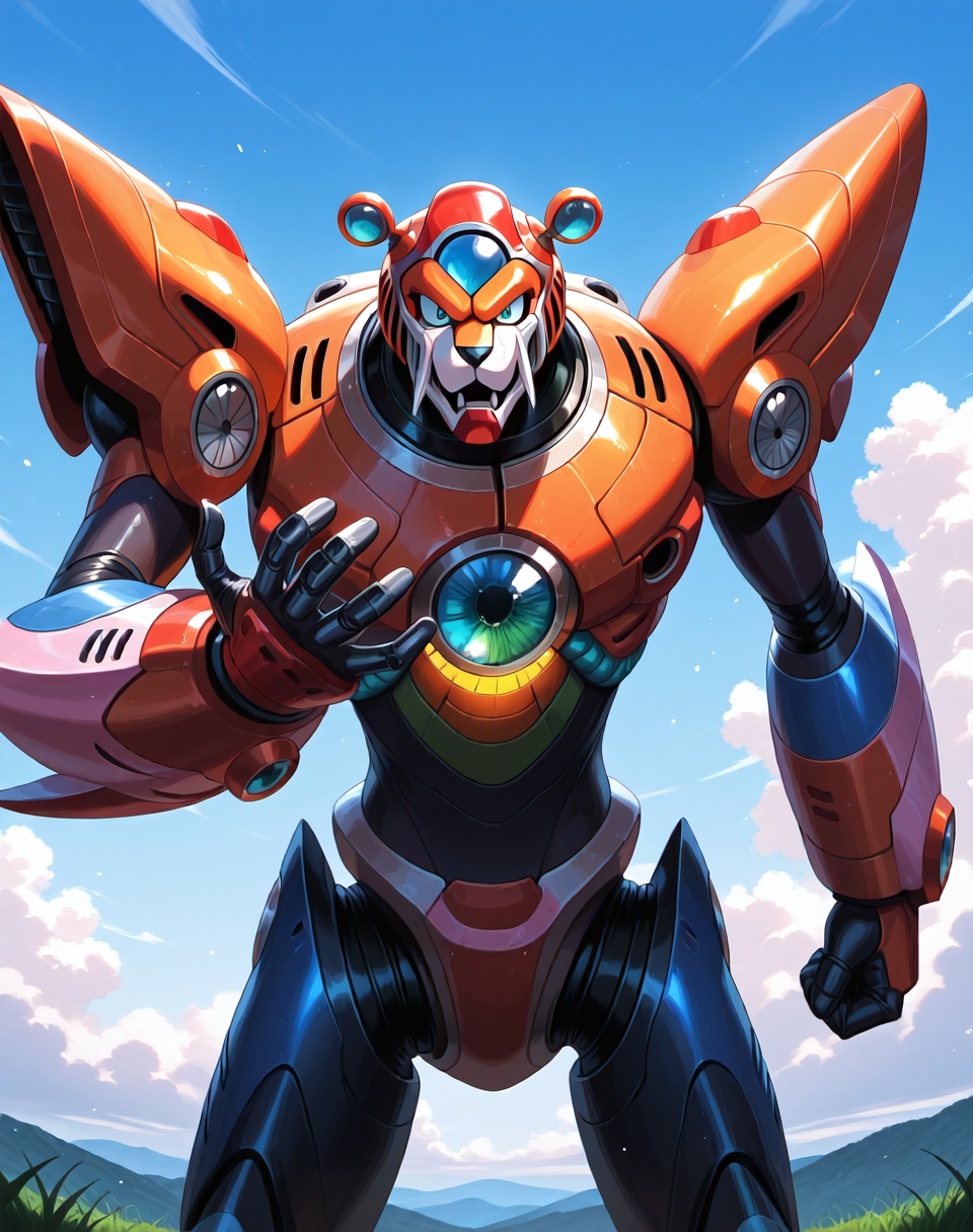 <lora:Neon_Tiger_(Mega_Man_X)_(Illustrious)_(AD):1> Neon Tiger, reploid, MMX, 
exterior, sky with clouds, grassy valley,
male focus, intense shadows, dynamic shadows, intricate details, attention to details, gradient coloring, bright vivid colors, robot, bent leg, glossy metal body, cowboy shot, ((orange and pink and blue metal body, ):1.5), 
BREAK very awe, masterpiece, best quality, amazing quality, very aesthetic, highres, absurdres, photographic realism, 8K CGI render,
EZRealPONYXL, zPDXL, Smooth Quality, lazynsfw,