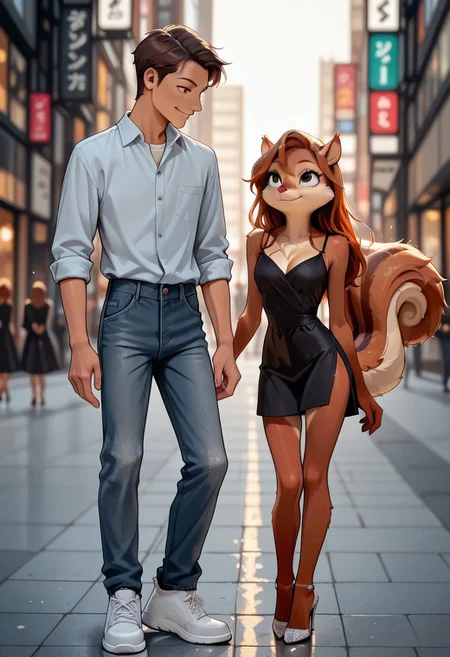 masterpiece, best quality, anime-style, soft shading, couple looking at each other, intimate mood, vibrant colors, expressive eyes, intimate focus, stylish and chic atmosphere, warm city lighting, contemporary urban setting, blurred pedestrians, modern fashion, (size difference:1.3)  
(1boy, human, tanned skin, short brown hair), casual outfit: fitted jeans, white sneakers, light blue rolled-up shirt. Leaning slightly toward (1girl, squirrel furry, detailed auburn fur), looking down at her, brushing her soft hair, looking down with a teasing smirk, warm brown eyes reflecting city lights.  
(1girl, petite, slim, narrow waist, squirrel furry), looking up at him, wearing an elegant black dress with a thigh slit, delicate heels. Looking up at him with playful defiance, green eyes sparkling, . Her fluffy squirrel tail sways as they walk in sync, their eyes locked in a silent, amused exchange.