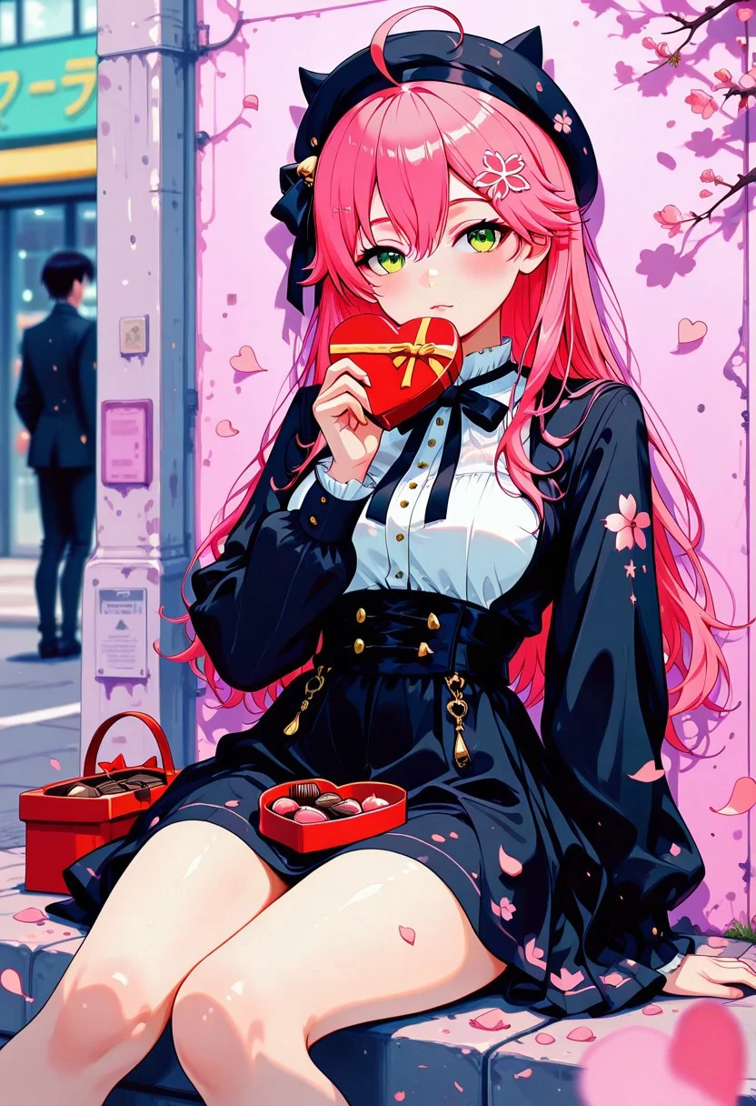 masterpiece, best quality, good quality, very aesthetic, absurdres, newest, 8K, depth of field, focused subject, in the style of cknc, artist:moriimee, in the style of cksc, hrtdrp, Hearts Drips, BREAK
Sakura Miko (Hololive), classic outfit, holding a heart-shaped box of chocolates, sitting with her back to a wall with anime graffiti under sakura trees, ((falling sakura petals)), outdoors