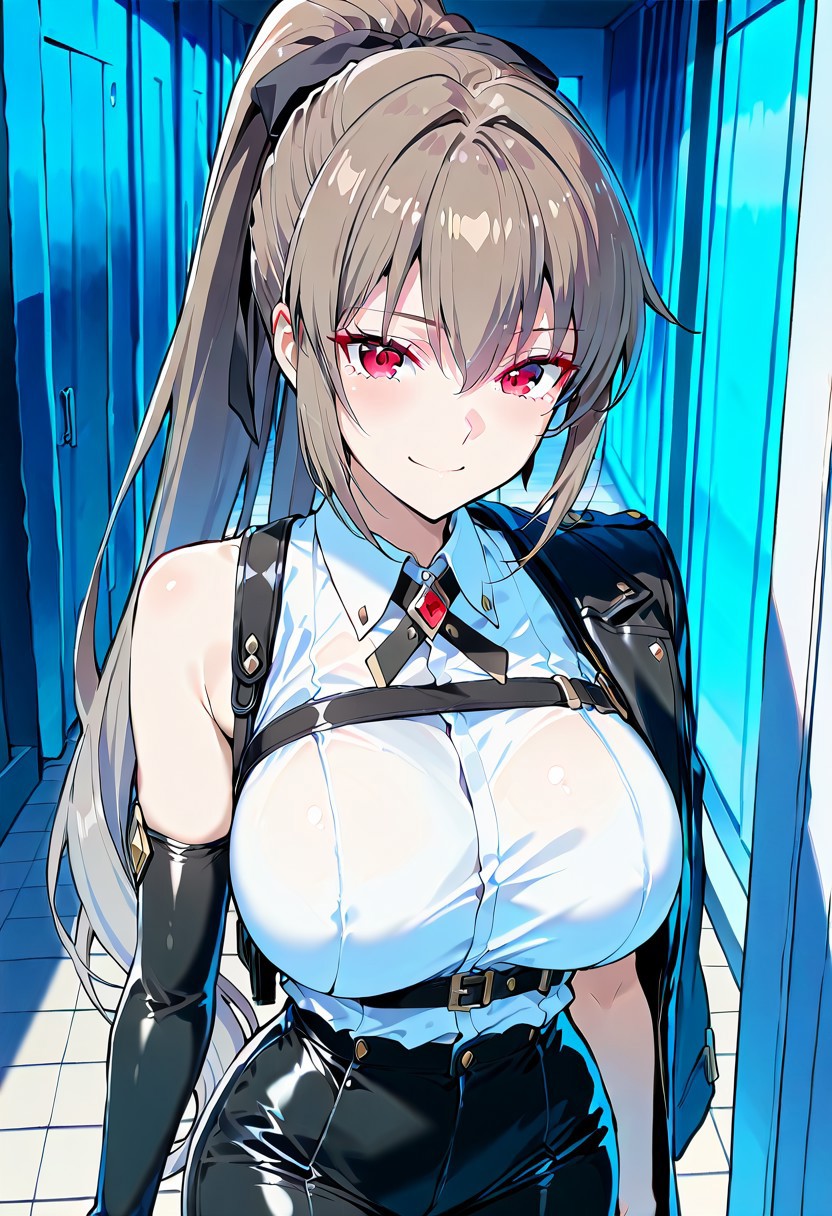 (absurdres, best quality, masterpiece:1.4), amazing quality, highres, newest, detailed, detailed body, detailed face, source anime, anime coloring, beautiful, 
BREAK
urakanna, 1girl, solo, brown hair, ponytail, long hair, red eyes, large breasts, standing, smile, Cosplay,
BREAK
Evelyn Chevalier \(cosplay\), high-waist pants, chest harness, tight clothes, single elbow gloves, jacket on shoulder