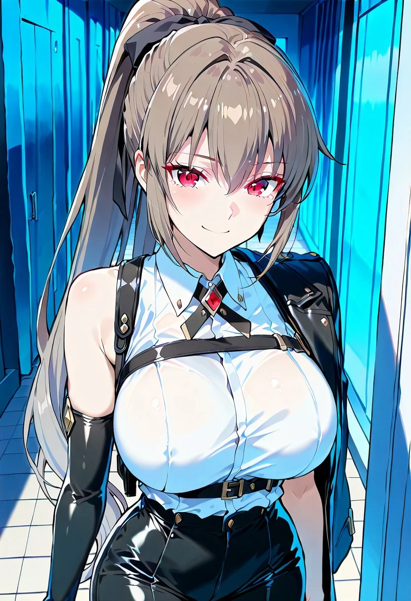 (absurdres, best quality, masterpiece:1.4), amazing quality, highres, newest, detailed, detailed body, detailed face, source anime, anime coloring, beautiful,
BREAK
urakanna, 1girl, solo, brown hair, ponytail, long hair, red eyes, large breasts, standing, smile, Cosplay,
BREAK
Evelyn Chevalier \(cosplay\), high-waist pants, chest harness, tight clothes, single elbow gloves, jacket on shoulder