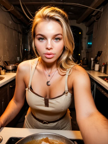 , score_9, score_8_up, score_7_up, score_6_up, score_5_up, score_4_up,  pov hands,  raw photo, A post-apocalyptic world with remnants of advanced technology scattered among the ruins, Cooking or preparing meals,   female,  <lora:amateurQuironStyle:0.77> amateurquiron, amateurQuironStyle, 1girl, realistic, solo, looking at viewer, breasts, lips, jewelry, uncensored, necklace,  night photo, flash photo, hard light,  hard shadow, webcam photo, amateur,Four shot photo (means 4 people in same image),