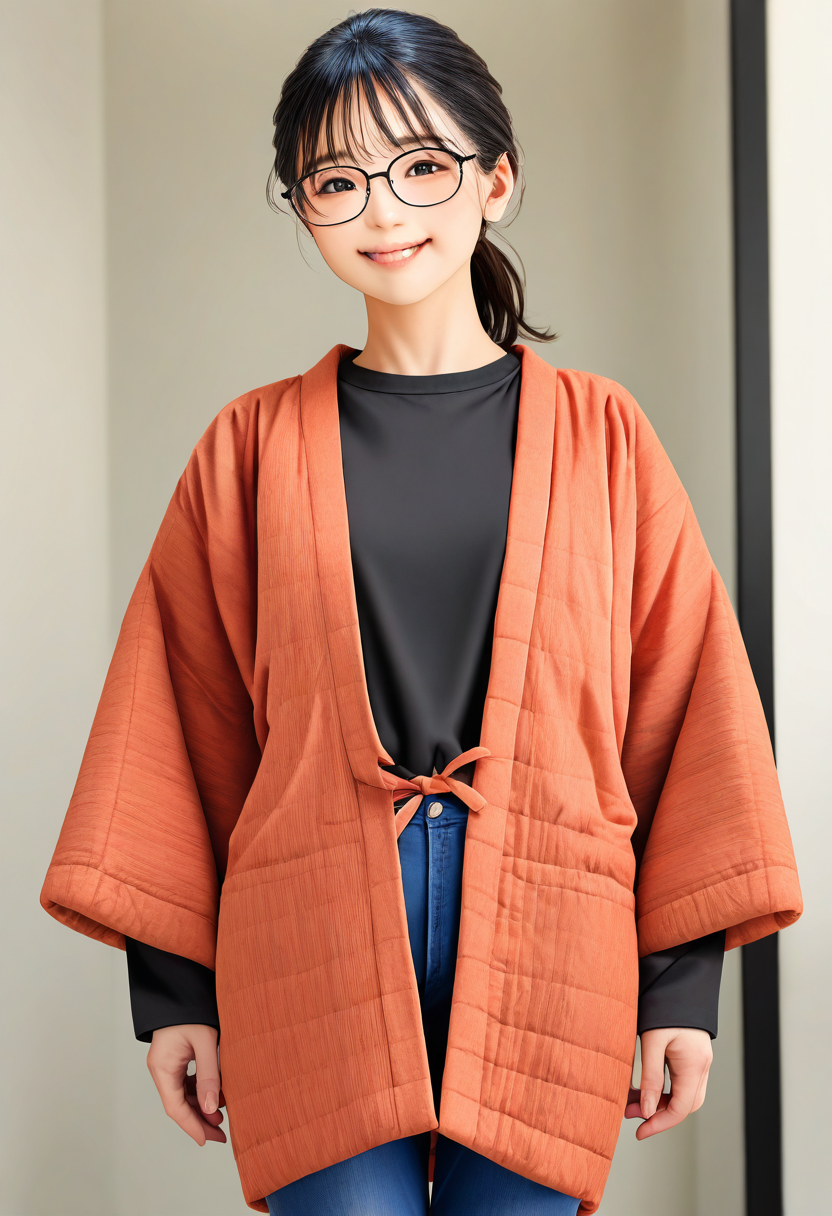 hanten, 1girl, solo, glasses, black hair, ponytail, black shirt, jeans, denim, standing, long sleeves, blue pants
, happy, smile, looking at viewer, upper body,
masterpiece, best quality, amazing quality, very aesthetic, absurdres,
 <lora:Clothing_hanten_illustrious_V1L_DIM4:0.8>