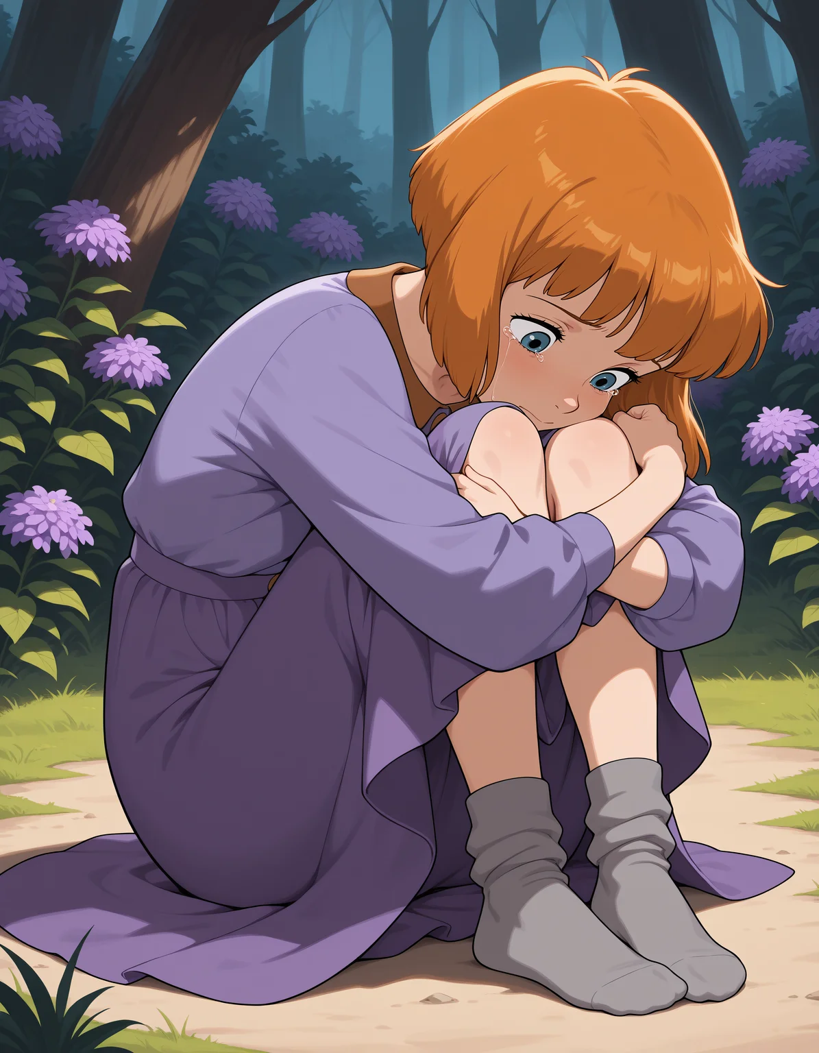 (masterpiece,best quality:1.2),amazing quality,very aesthetic,absurdres,newest,
1girl, solo, jane_darling_\(peter_pan\), short hair, blue eyes, purple dress, lilac long skirt, slouched socks, grey socks, no shoes,
full body, sitting, on ground, hugging own legs, looking down, crying
<lora:jane_darling_peter_pan_illustrious:1>