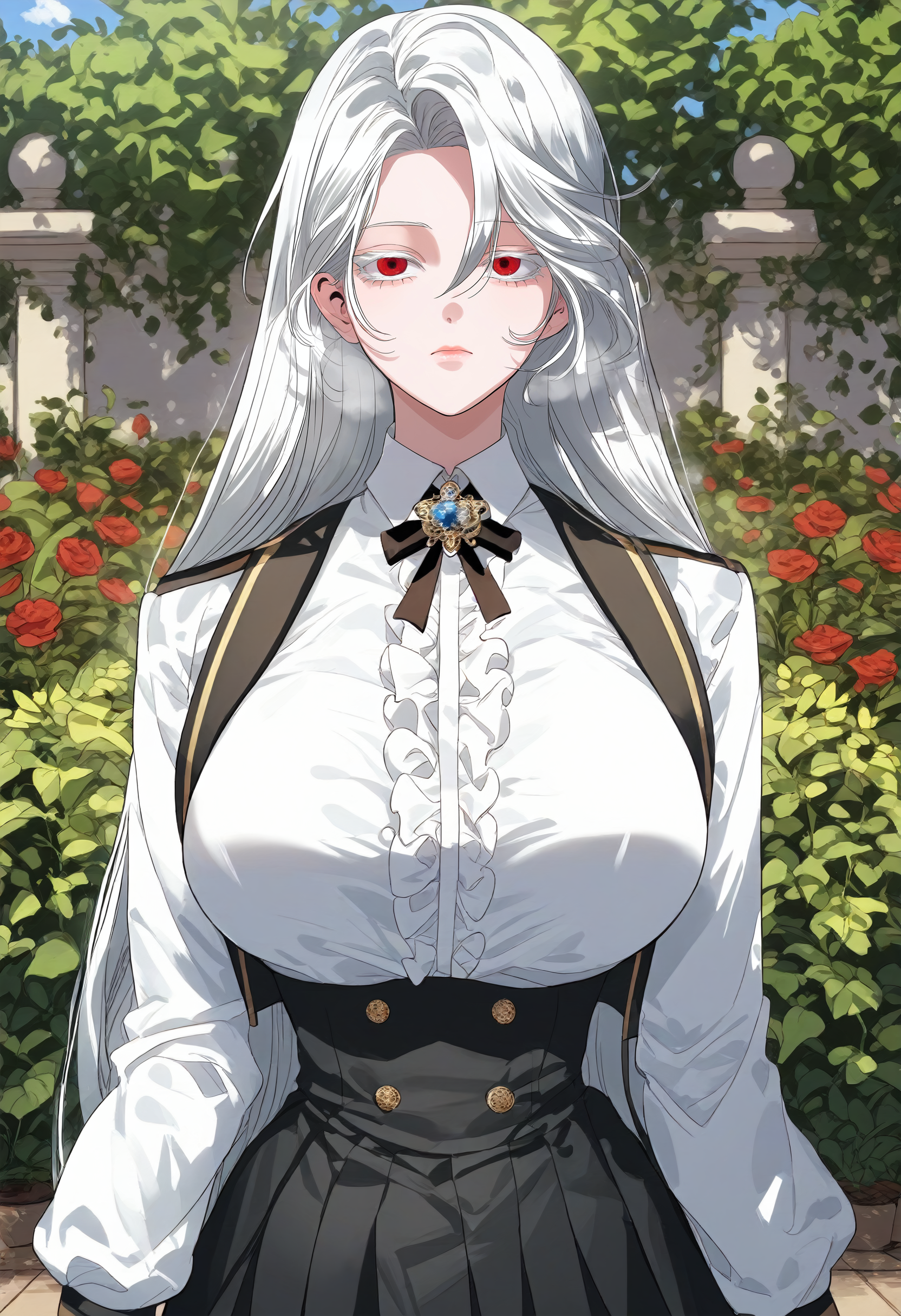 score_9, score_8_up, score_7_up, score_6_up, source_anime, rating_explicit, 1girl, solo, huge breasts, <lora:Raviel Ivansia prefectPonyxl:1> long hair, white hair, red eyes, colored eyelashes, parted bangs, brooch, black ribbon, neck ribbon, white jacket, open jacket, long sleeves, center frills, white shirt, collared shirt, black skirt, pleated skirt, miniskirt, high-waist skirt, expressionless, Narrow shoulders, heavy breathing, steaming body, garden, outdoors, looking at viewer, close-up, pale skin
