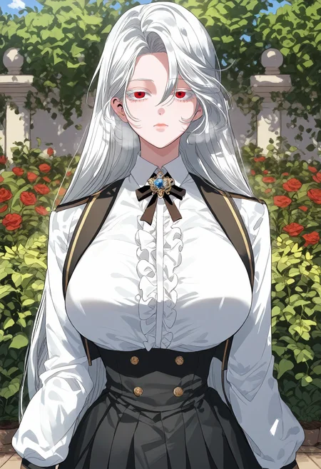 score_9, score_8_up, score_7_up, score_6_up, source_anime, rating_explicit, 1girl, solo, huge breasts, <lora:Raviel Ivansia prefectPonyxl:1> long hair, white hair, red eyes, colored eyelashes, parted bangs, brooch, black ribbon, neck ribbon, white jacket, open jacket, long sleeves, center frills, white shirt, collared shirt, black skirt, pleated skirt, miniskirt, high-waist skirt, expressionless, Narrow shoulders, heavy breathing, steaming body, garden, outdoors, looking at viewer, close-up, pale skin