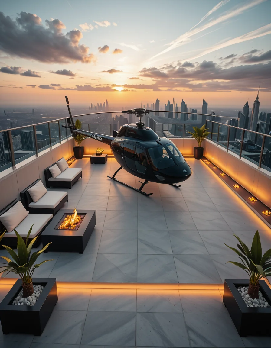 A high-resolution photo of a luxurious rooftop of a five-star hotel at sunset, featuring a sleek helipad with a high-end, matte-black private helicopter elegantly parked. The rooftop is designed with ultra-modern architecture, featuring a spacious terrace with infinity-edge glass railings, ambient lighting, and a panoramic city skyline in the background. The surface of the helipad is clean, polished concrete with clear illuminated markings. Surrounding the helipad, there are lounge areas with modern outdoor furniture, minimalist fire pits, and decorative planters with tropical greenery. The lighting is warm and golden, casting soft shadows and highlighting the contours of the helicopter and the textures of the rooftop. The sky is dramatic, painted with hues of orange, pink, and violet, creating a cinematic atmosphere of luxury and exclusivity. The overall mood is elite, calm, and aspirational, showcasing the ultimate in urban luxury lifestyle.
<lora:SDXLFaeTastic2400:0.4> <lora:extremely_detailed:0.4> extremely detailed,helipad r00ft0p <lora:helipad_r00ft0p-i:1>, Masterpiece,best quality,hi res,8k,hi res,8k,award winning,(sharp focus, intricate, highly detailed),