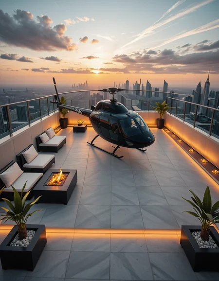 A high-resolution photo of a luxurious rooftop of a five-star hotel at sunset, featuring a sleek helipad with a high-end, matte-black private helicopter elegantly parked. The rooftop is designed with ultra-modern architecture, featuring a spacious terrace with infinity-edge glass railings, ambient lighting, and a panoramic city skyline in the background. The surface of the helipad is clean, polished concrete with clear illuminated markings. Surrounding the helipad, there are lounge areas with modern outdoor furniture, minimalist fire pits, and decorative planters with tropical greenery. The lighting is warm and golden, casting soft shadows and highlighting the contours of the helicopter and the textures of the rooftop. The sky is dramatic, painted with hues of orange, pink, and violet, creating a cinematic atmosphere of luxury and exclusivity. The overall mood is elite, calm, and aspirational, showcasing the ultimate in urban luxury lifestyle.
<lora:SDXLFaeTastic2400:0.4> <lora:extremely_detailed:0.4> extremely detailed,helipad r00ft0p <lora:helipad_r00ft0p-i:1>, Masterpiece,best quality,hi res,8k,hi res,8k,award winning,(sharp focus, intricate, highly detailed),
