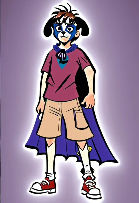 <lora:DogboyXL:.9> A 14-year-old Dogboy in his purple cape 1990s animated series style