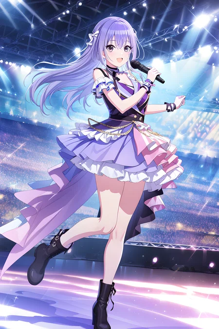 (masterpiece),(best quality),(ultra-detailed),(best illustration),(best shadow),(absurdres),(detailed background),(very aesthetic), 1girl, solo, hana suzuki, long hair, purple eyes, purple hair, idoloutfit, idol, dress, skirt, cute legwear, boots, singing, concert background, concert stage, full body, holding a microphone, smile,<lora:Hana_Suzukié´æ¨ç¾½é£_-_ã¢ã¤ãã«ãã¹ã¿ã¼_ã·ã£ã¤ãã¼ã«ã©ã¼ãº_SDXL_Animagine_XL_3.1:1>