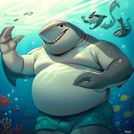 score_9, score_8_up, score_7_up, score_6_up, score_5_up, score_4_up, king shark, shark, anthro, fat, three toes, in the ocean, swimming, looking at viewer, underwater, sea background
