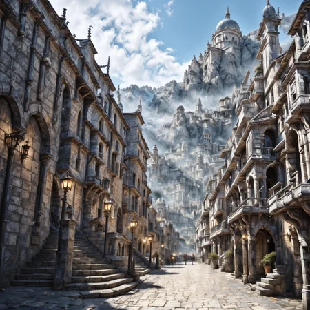 RAW photo, (masterpiece:1.3), subsurface scattering, heavy shadow, (high quality:1.4), (intricate, high detail:1.2), professional photography, HDR, High Dynamic Range, realistic, ultra realistic, photorealistic, high resolution, film photography, ambient lighting, atmospheric effects, <lora:detail_slider_v4:2>, OverallDetail, Numenor, a street with stairs in a big medieval fantasy city on a mountain, high towers, high walls, <lora:Numenor-10:1>, in the style of Middle Earth, Tolkien, Minas Tirith, epiCPhoto