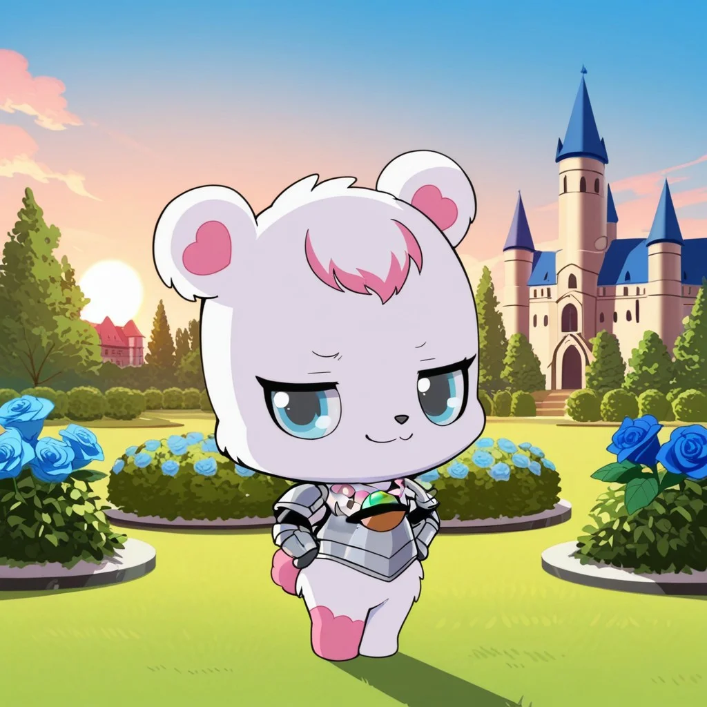 score_9, score_8_up, score_7_up, score_6_up, score_5_up,
best quality, masterpiece, smirks, Full Body, Romantic, Small Body, Furry, looking_pleasured, labrajp, chibi, feral, multicolored hair, pink tail, tufted fur, furry, one pink leg, necklace, bear, castle, garden, knight armor, sword, looking at sky, sun rise, knight armor leggings, knight armor chest plate, knight armor helmet, flowers, blue rose