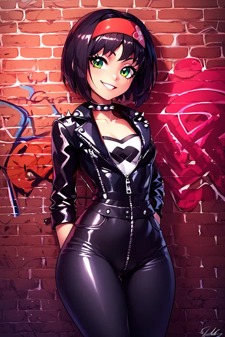 score_9, score_8_up, score_8, medium breasts, (curvy), cute, eyelashes, BREAK, , zzErika, green eyes, short black hair, <lora:ErikaPokemonPDXL:0.8>, , BREAK, smile, looking at viewer, leather jacket, leather pants, black jacket, tight pants, black choker, zipper, biker clothes, spikes, multiple belts, shiny clothes, high collar, (graffiti:1.2), brick wall, cowboy shot, embedding:zPDXL, Expressiveh, <lora:CatalystStylePDXL:0.5>, <lora:LFashionPDXL:1>, <lora:Uncensored_PonyXL_cpt_v02.09:0.4>, <lora:Expressive_H-000001:0.4>,