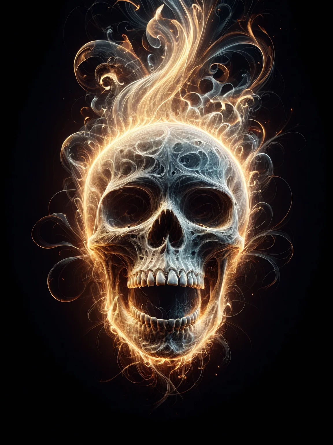(floating skull:1.4) englufed by mad-wsps flames, looking at view, laughing, cinematic shot, dramatic lighting <lora:Wisps_of_Light_SDXL:1>, masterpiece, best quality, ultra high res, (photorealistic, realistic:1.2), deep shadow, raw photo, film grain, Fujifilm XT3, 8k uhd, dslr