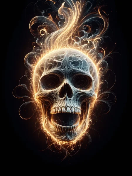 (floating skull:1.4) englufed by mad-wsps flames, looking at view, laughing, cinematic shot, dramatic lighting <lora:Wisps_of_Light_SDXL:1>, masterpiece, best quality, ultra high res, (photorealistic, realistic:1.2), deep shadow, raw photo, film grain, Fujifilm XT3, 8k uhd, dslr