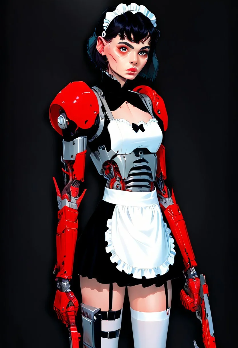 score_9, score_8_up, score_7_up, 1girl, black hair, short hair, maid outfit, frills, black dress, white apron, standing, looking at viewer, holding weapon, mechanical elements, futuristic, solo, headband, detailed background, gloves, thigh-highs, cosplay, intricate design, dark background, sci-fi, red accents, armor,p33rs,<lora:incase_style_v3-1_ponyxl_ilff:0.2>,
