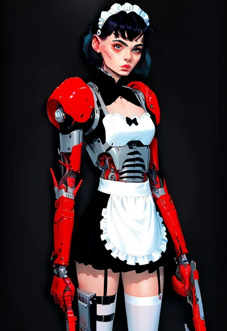 score_9, score_8_up, score_7_up, 1girl, black hair, short hair, maid outfit, frills, black dress, white apron, standing, looking at viewer, holding weapon, mechanical elements, futuristic, solo, headband, detailed background, gloves, thigh-highs, cosplay, intricate design, dark background, sci-fi, red accents, armor,p33rs,<lora:incase_style_v3-1_ponyxl_ilff:0.2>,