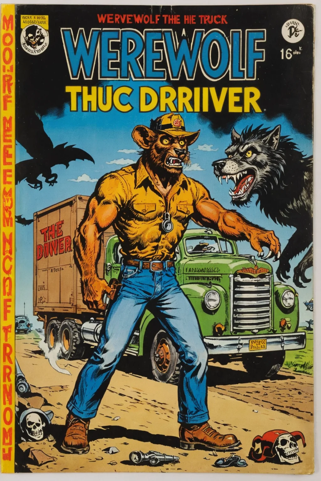 vintage comic book with the title text: "Werewolf the biomechanical Truck Driver", with a breathtaking detailed illustration of biomechanical Truck Driver Werewolf