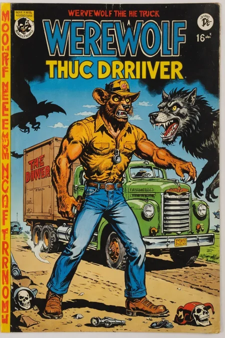 vintage comic book with the title text: "Werewolf the biomechanical Truck Driver", with a breathtaking detailed illustration of biomechanical Truck Driver Werewolf