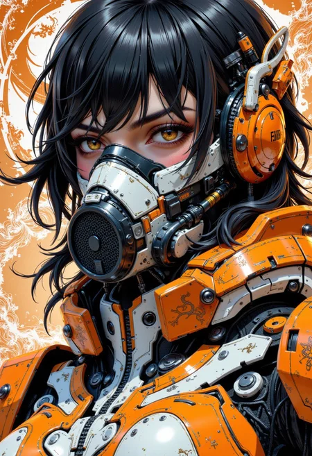 in the style of ck-mgs, portrait of a japanese sci-fi warrior princess, long hair, bangs, sidelocks, dark eyeshadow, orange and white mecha suit embossed with eastern dragon motif, respirator, directional light