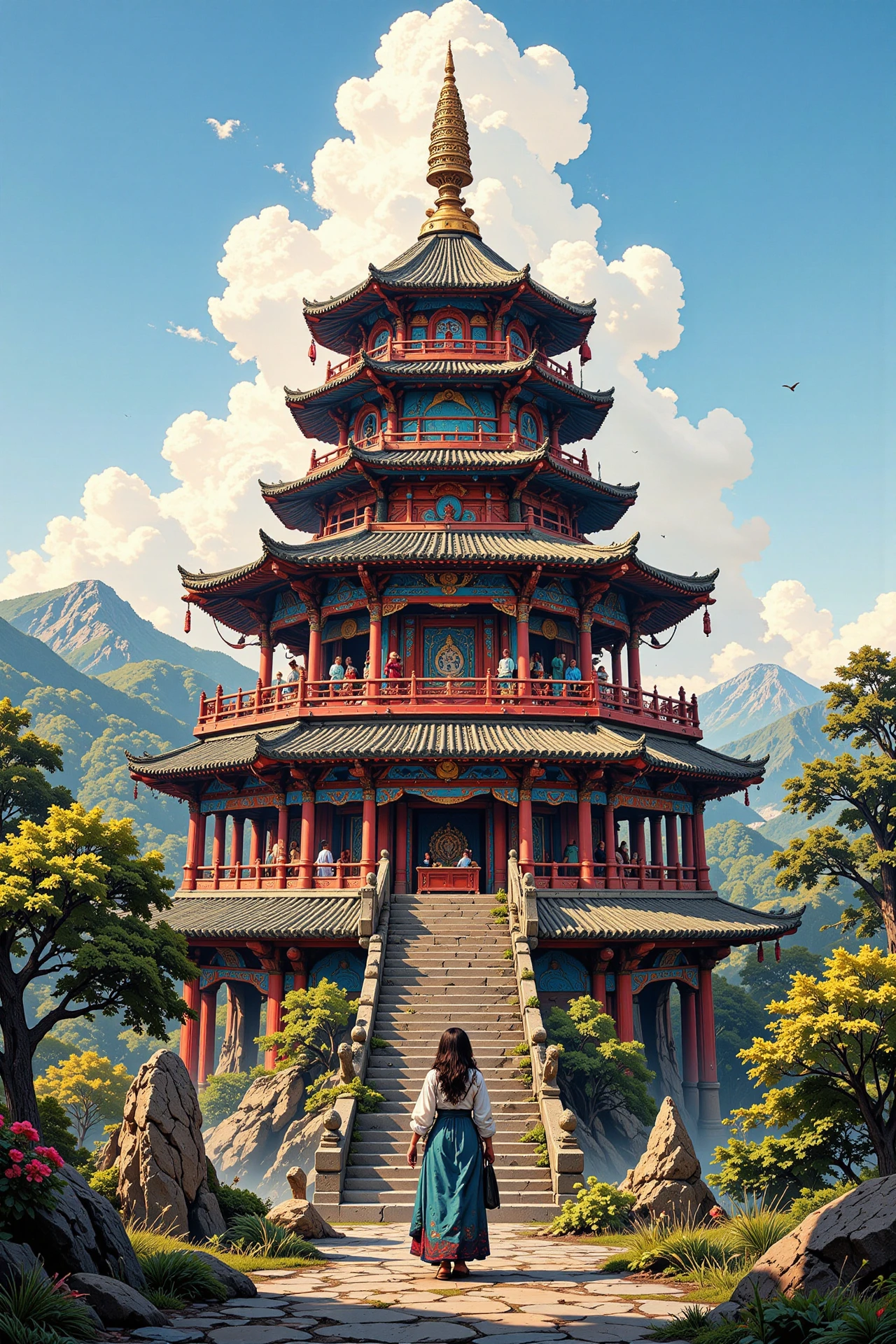 pagoda beautiful  landscape, day, woman, very intricate, very detailed, sharp, bright, colorful, <lora:Hand v2:0.5> <lora:Anti-Blur:1><lora:Insane Detail Slider:0.25>  <lora:flux.1_lora_flyway_Epic-detail_v2:0.3> <lora:fluxenhancer:0.25>  <lora:Anime art - Variant 1:1>