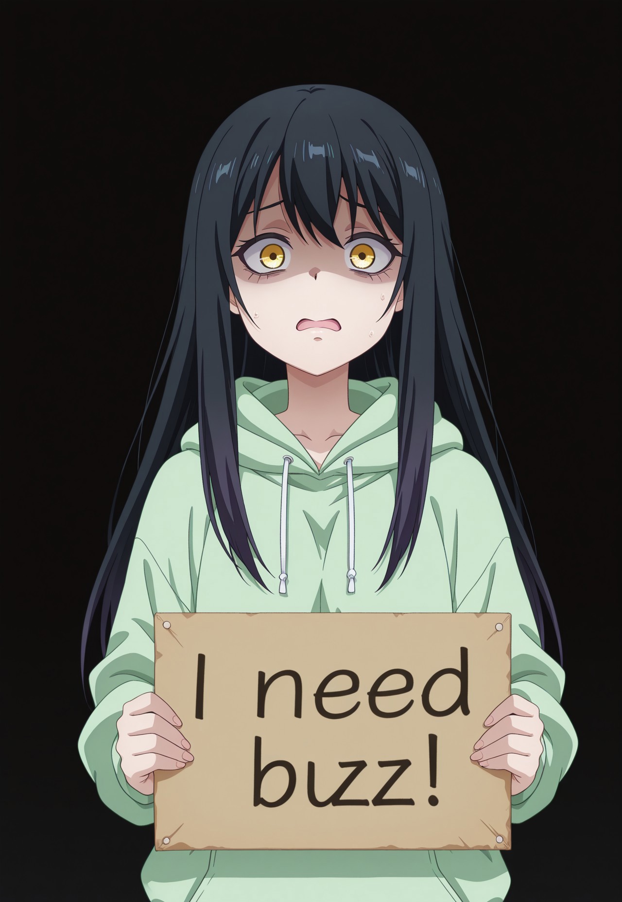 1girl, y0tsuy4m1k0, long hair, black hair, yellow eyes, scared, shaded face, green hoodie, black background, partially illuminated, need_buzz, holding sign, anime coloring, two-tone_hair