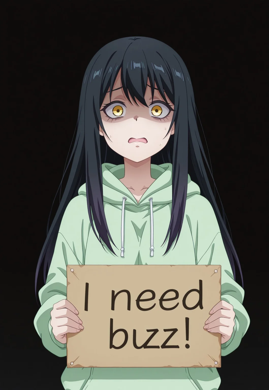 1girl, y0tsuy4m1k0, long hair, black hair, yellow eyes, scared, shaded face, green hoodie, black background, partially illuminated, need_buzz, holding sign, anime coloring, two-tone_hair