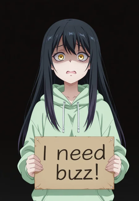 1girl, y0tsuy4m1k0, long hair, black hair, yellow eyes, scared, shaded face, green hoodie, black background, partially illuminated, need_buzz, holding sign, anime coloring, two-tone_hair