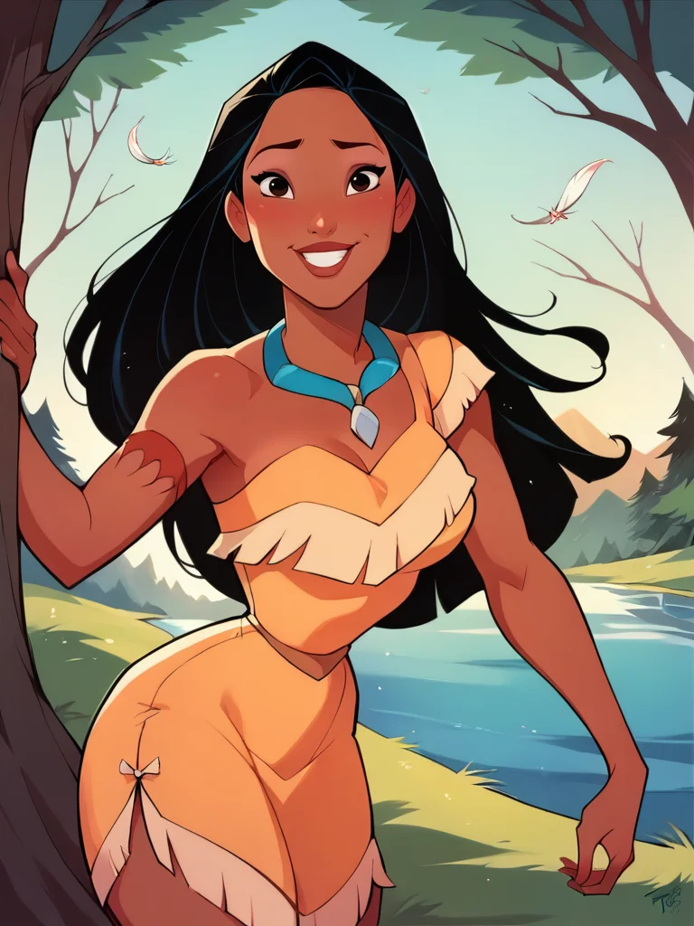 score_9, score_8_up, score_7_up, score_6_up, PocahontasXLP lay on tree, leaning forward, sexy pose, smile, nervous, dark skin, long hair, necklace, strapless, dress, feathers, medium breasts, narrow waist, wide hips, thick thighs, looking at viewer, cowboy shot, cartoon, dynamic pose, smile, cute, wide shot, solo, forest, lake, disney, dutch angle, muscular female, realistic, 
 <lora:PocahontasXLP_character:1>