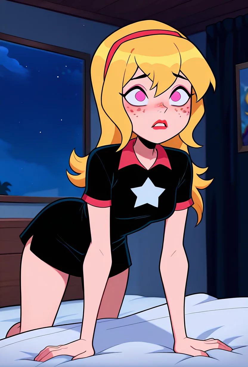 ((cartoon, screencap)), <lora:lucybig:1>, solo, lucybig, long hair, blonde hair, red hairband, pink eyes, lipstick, short sleeves, star (symbol), short dress, black dress, freckles, dynamic pose, leaning on bed, scared, covered in blankets, night time, on bed, masterpiece, best quality, amazing quality, very aesthetic, absurdres, newest,