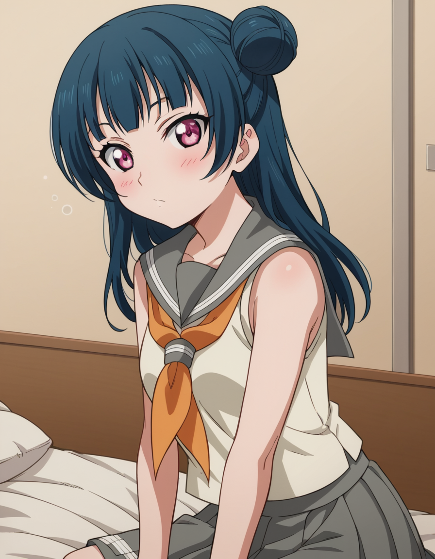 score_9, score_8_up, score_7_up, source_anime, <lora:yoshiko-tsushima-s2-ponyxl-lora-nochekaiser:1>, yoshiko tsushima, long hair, bangs, blue hair, pink eyes, hair bun, single hair bun, single side bun,, shirt, school uniform, white shirt, serafuku, neckerchief, uranohoshi school uniform, orange neckerchief, sleeveless, skirt, pleated skirt, grey skirt,, indoors, bed, bed room, on side, blush, drunk, looking at viewer, solo,, cowboy shot, dutch angle