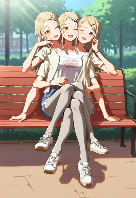 ((8arms, 4heads, trileg)),  score_9, score_8_up, score_7_up, score_6_up, score_5_up, score_4_up, shiny skin, french kiss, <lora:hiro.il:1>, hiro, aaa,
(((grey pantyhose))), fully clothed, casual, sitting on bench, ((legs crossed )), slender legs,  ((one eye closed)), outdoors , park, [shadows], light rays, Expressiveh
