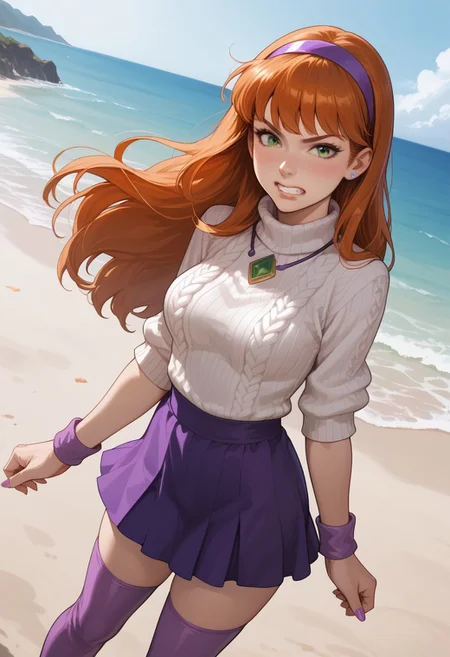 (score_9, score_8_up, score_7_up), best quality, ultra highres, realistic:0.7,portrait, kawai face, smooth skin,  perfect face, perfect body, perfect hands,
daphne blake, scooby-doo, 1girl, lips, purple eyes, green eyes, long hair, orange hair, purple hairband, medium breasts, tiara, aran sweater, high-low skirt, rubber boots, kneehighs, necklace, armlet ,(((clenched teeth))) ,beach ,dutch angle