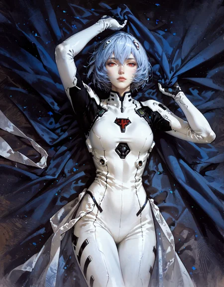 score_9, score_8_up, score_7_up, score_6_up, score_5_up, score_4_up, 1girl, (Rei Ayanami:1.2), from above, lying down, (white plugsuit), light blue hair, short hair, blue cushions, velvet sheets, satin, expressiveh, castlevania, kojima ayami
