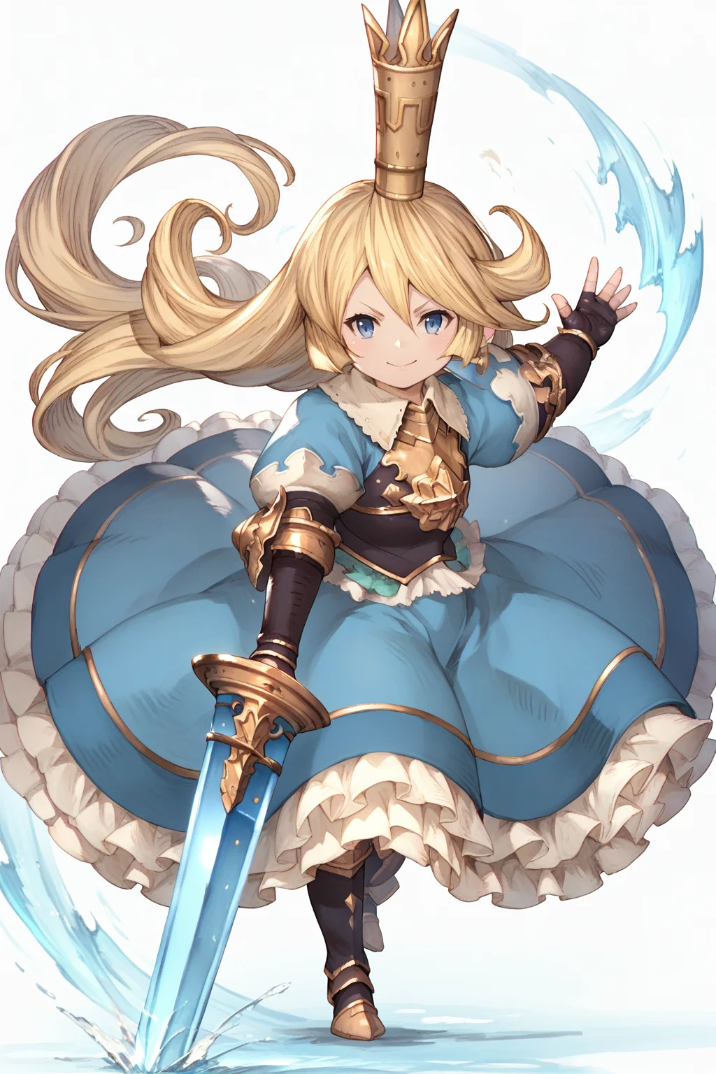 zPDXL, 1girl , <lora:Character_Charlotta_Granblue_Fantasy:1>, charlotta, granblue fantasy, dwarf,meadow background, sword, dynamic pose, crown, blonde hair, blue eyes