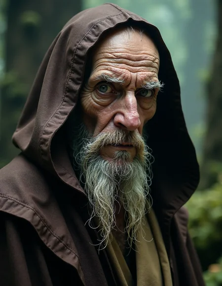 Portrait of an old decrepit man,  in the style of ck-ncr, half cyborg intrigant gaze looking to viewer, wearing tattered old robe, hooded, mysterious mystical scene, Jedi master, <lora:ck-Neurocore-Realistic-Cyborgs:0.75>