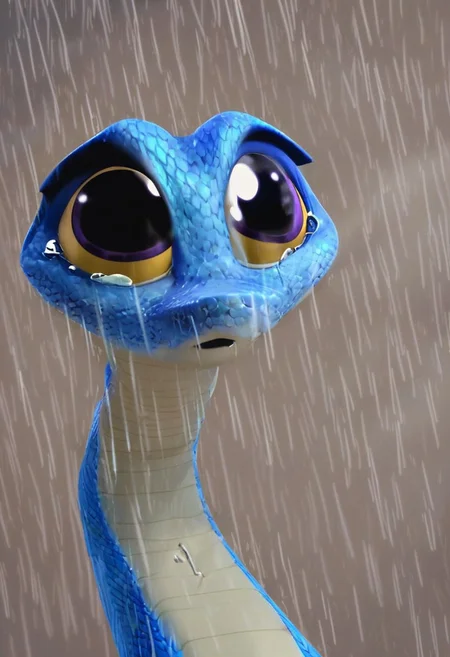 zPDXL3 ,solo,3d \(artwork\),maddie,blue body,purple eyes,yellow sclera,snake,feral,solo,
sitting in a sorrowful pose, (heavy rain falling), tears on her soaked face, looking up at the stormy night sky with a melancholic expression, drenched mane and tail, wings gently folded, soft moonlight illuminating her figure, ultra-detailed textures, cinematic lighting, high-resolution, sharp focus on her face, realistic wet fur and skin textures, glowing raindrops, nighttime setting